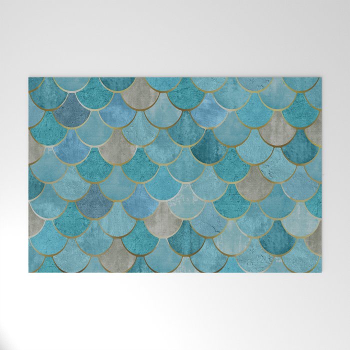 Moroccan Fish Scale Mermaid Pattern, Teal Blue and Gold Welcome Mat Gallery Image 1