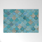 Moroccan Fish Scale Mermaid Pattern, Teal Blue and Gold Welcome Mat Gallery Image 1