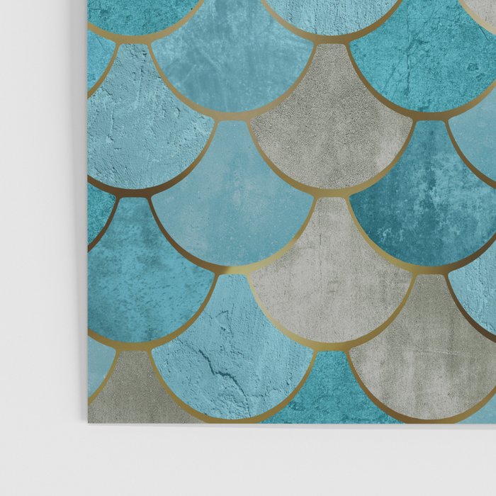 Moroccan Fish Scale Mermaid Pattern, Teal Blue and Gold Poster Gallery Image 3