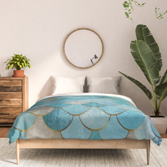 Moroccan Fish Scale Mermaid Pattern, Teal Blue and Gold Comforter Gallery Image 3