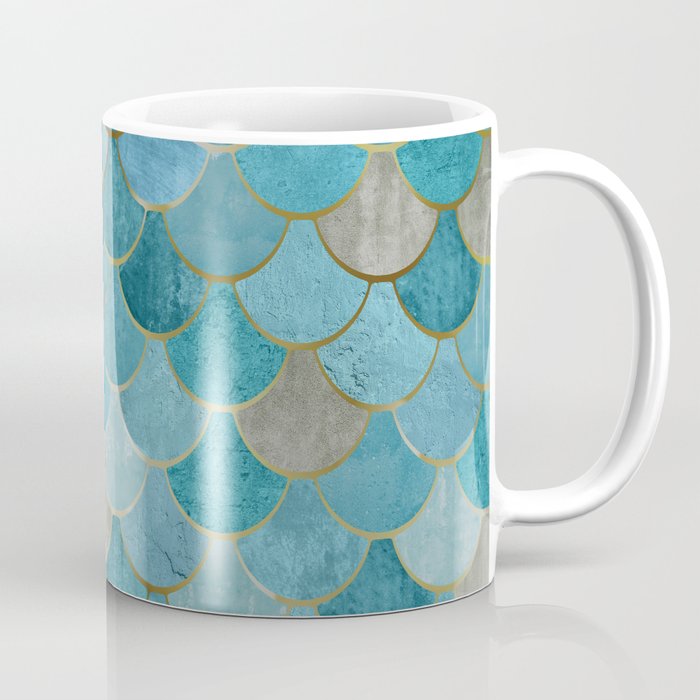 Moroccan Fish Scale Mermaid Pattern, Teal Blue and Gold Coffee Mug Gallery Image 1