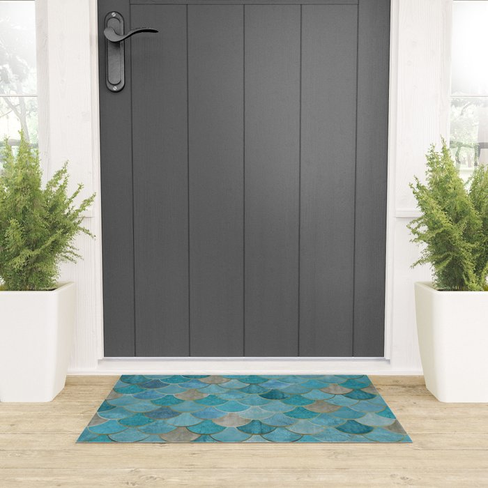 Moroccan Fish Scale Mermaid Pattern, Teal Blue and Gold Welcome Mat Gallery Image 3