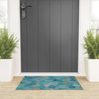 Moroccan Fish Scale Mermaid Pattern, Teal Blue and Gold Welcome Mat Gallery Image 3