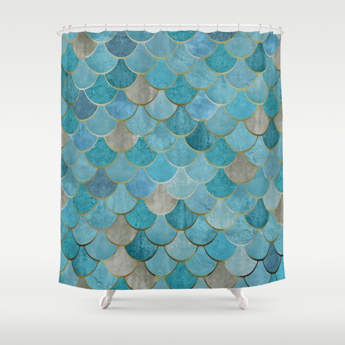 Moroccan Fish Scale Mermaid Pattern, Teal Blue and Gold Shower Curtain Gallery Image 1