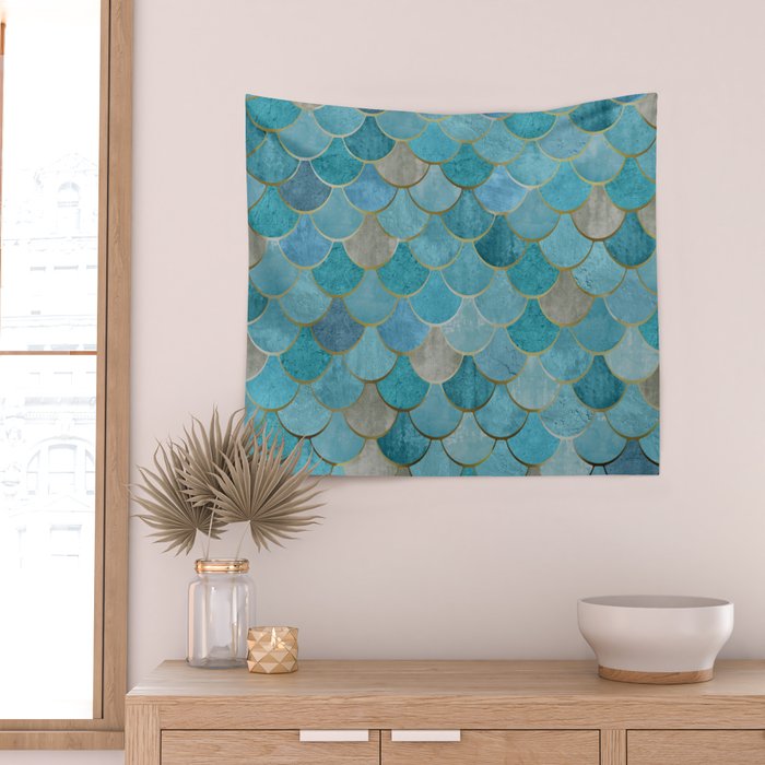 Moroccan Fish Scale Mermaid Pattern, Teal Blue and Gold Wall Tapestry Gallery Image 2