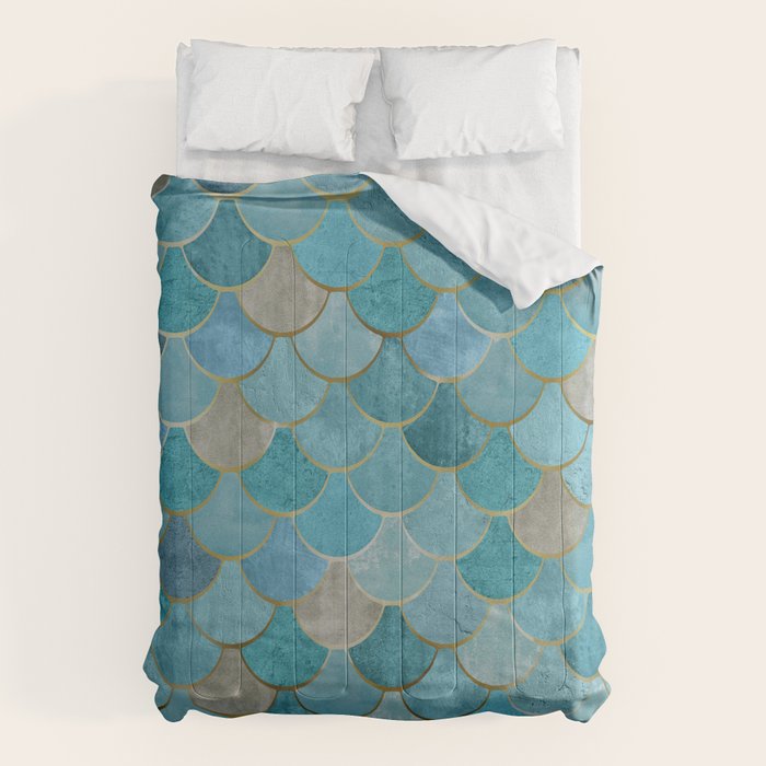 Moroccan Fish Scale Mermaid Pattern, Teal Blue and Gold Comforter Gallery Image 1