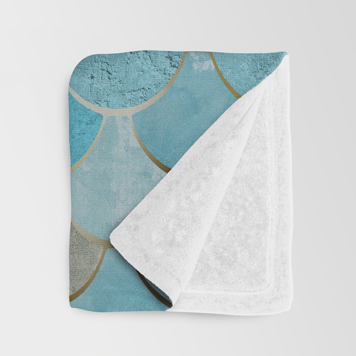 Moroccan Fish Scale Mermaid Pattern, Teal Blue and Gold Throw Blanket Gallery Image 3