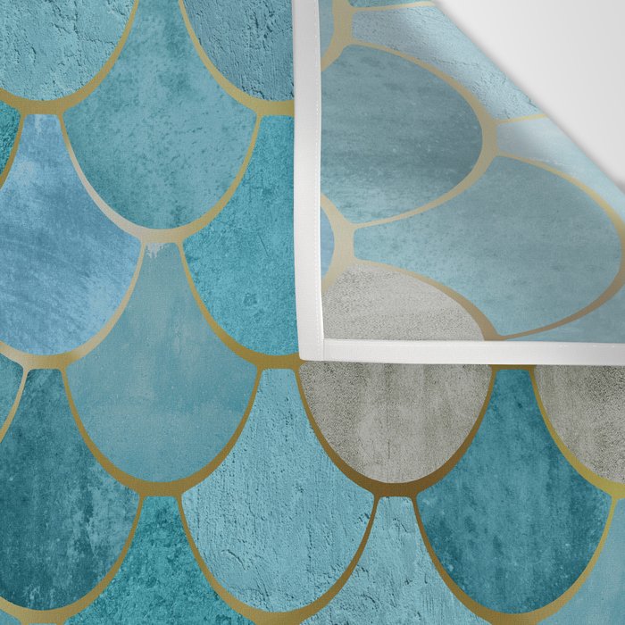 Moroccan Fish Scale Mermaid Pattern, Teal Blue and Gold Wall Tapestry Gallery Image 3
