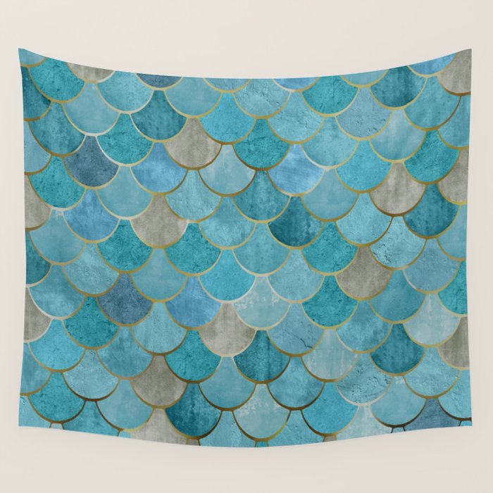 Moroccan Fish Scale Mermaid Pattern, Teal Blue and Gold Wall Tapestry Gallery Image 4