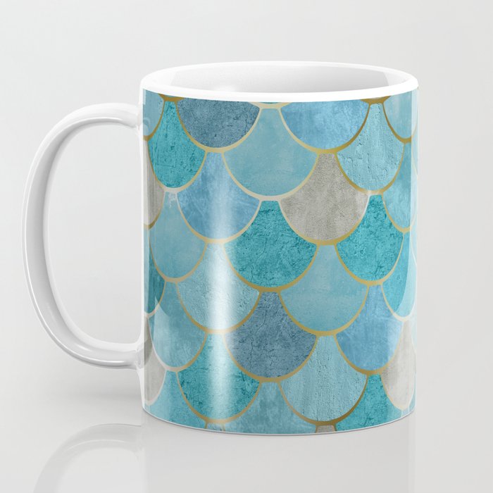 Moroccan Fish Scale Mermaid Pattern, Teal Blue and Gold Coffee Mug Gallery Image 3