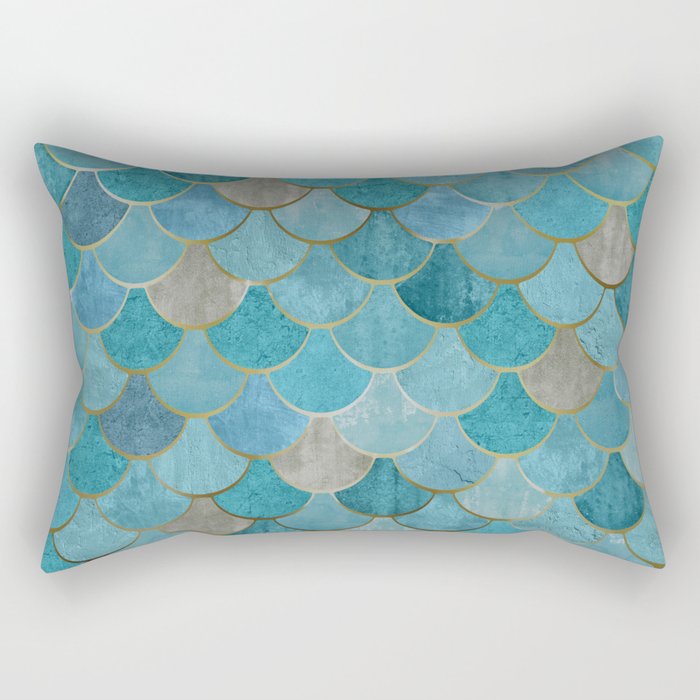 Moroccan Fish Scale Mermaid Pattern, Teal Blue and Gold Rectangular Pillow Gallery Image 1