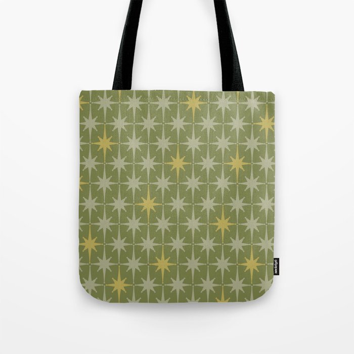 Midcentury Modern Atomic Starburst Pattern in Retro Vintage Olive Green and Celadon Tote Bag Gallery Image 1
