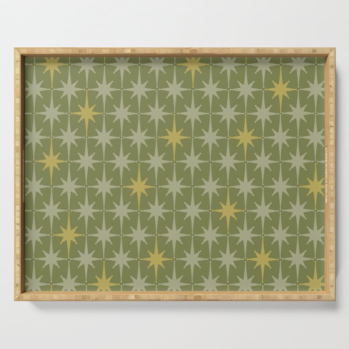 Midcentury Modern Atomic Starburst Pattern in Retro Vintage Olive Green and Celadon Serving Tray Gallery Image 1