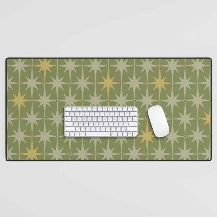 Midcentury Modern Atomic Starburst Pattern in Retro Vintage Olive Green and Celadon Desk Mat Gallery Image 1