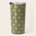 Midcentury Modern Atomic Starburst Pattern in Retro Vintage Olive Green and Celadon Travel Mug Gallery Image 3