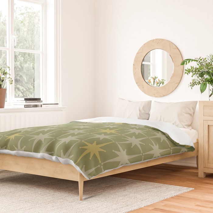 Midcentury Modern Atomic Starburst Pattern in Retro Vintage Olive Green and Celadon Duvet Cover Gallery Image 2