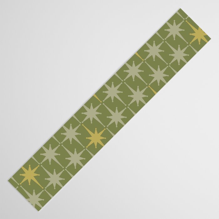 Midcentury Modern Atomic Starburst Pattern in Retro Vintage Olive Green and Celadon Table Runner Gallery Image 3