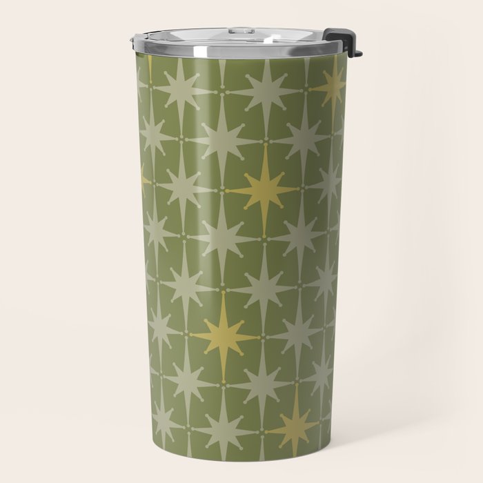 Midcentury Modern Atomic Starburst Pattern in Retro Vintage Olive Green and Celadon Travel Mug Gallery Image 2
