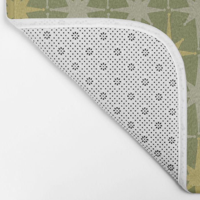 Midcentury Modern Atomic Starburst Pattern in Retro Vintage Olive Green and Celadon Bath Mat Gallery Image 2