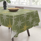 Midcentury Modern Atomic Starburst Pattern in Retro Vintage Olive Green and Celadon Tablecloth Gallery Image 3