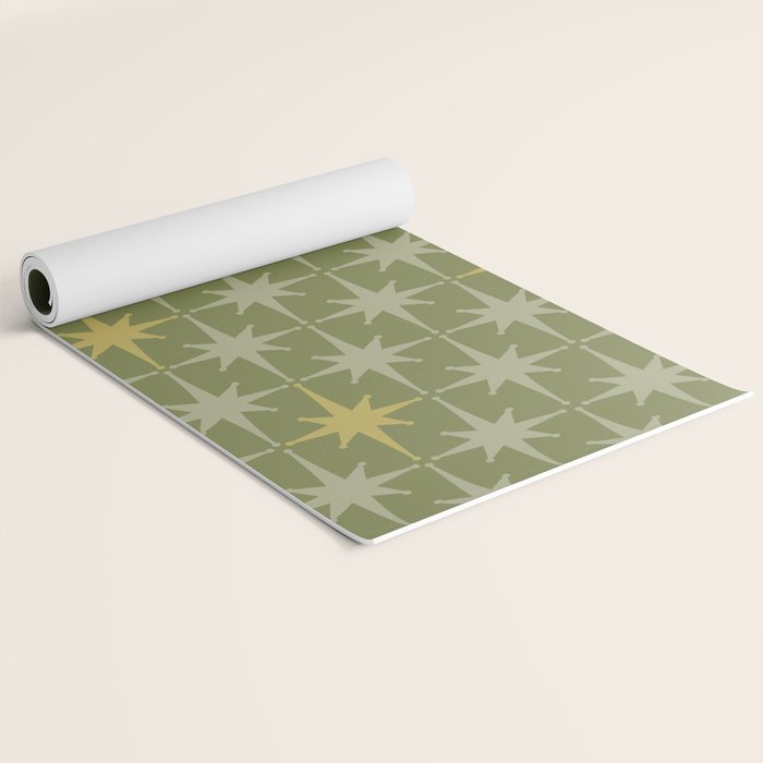 Midcentury Modern Atomic Starburst Pattern in Retro Vintage Olive Green and Celadon Yoga Mat Gallery Image 2