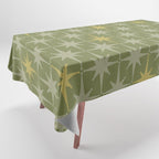 Midcentury Modern Atomic Starburst Pattern in Retro Vintage Olive Green and Celadon Tablecloth Gallery Image 1