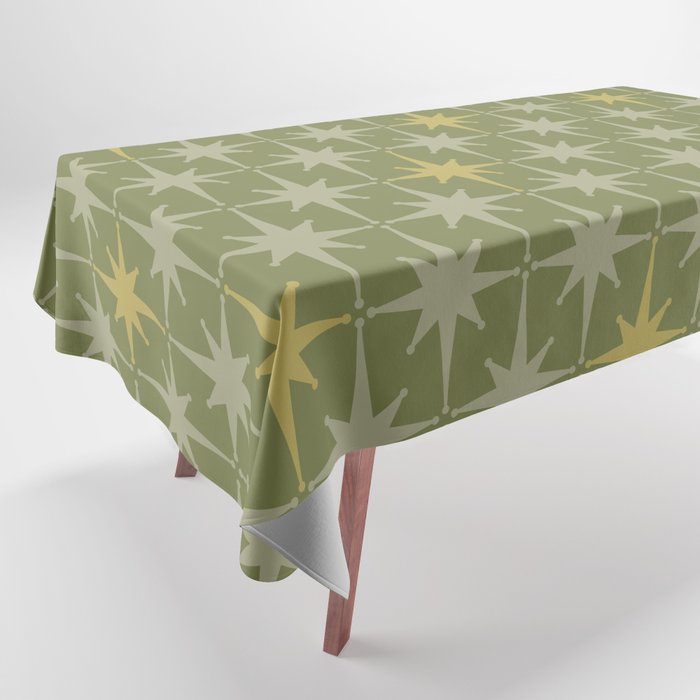 Midcentury Modern Atomic Starburst Pattern in Retro Vintage Olive Green and Celadon Tablecloth Gallery Image 1