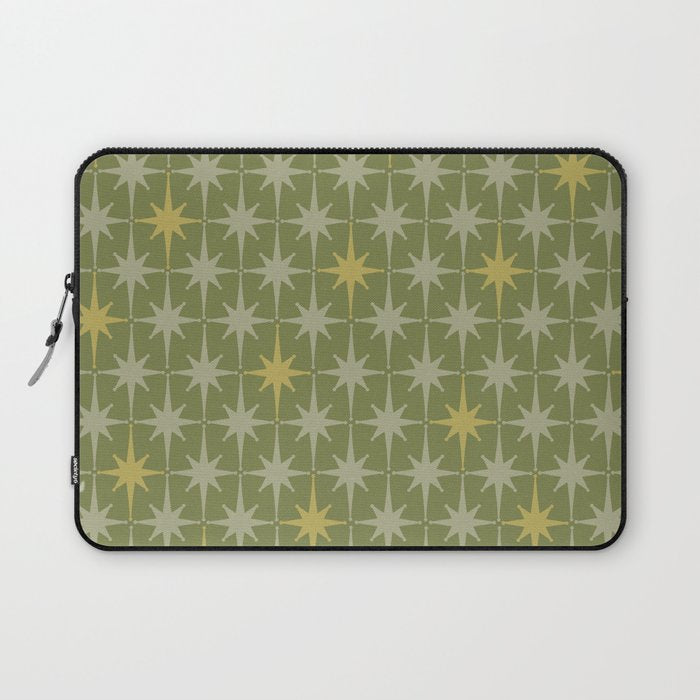 Midcentury Modern Atomic Starburst Pattern in Retro Vintage Olive Green and Celadon Laptop Sleeve Gallery Image 1
