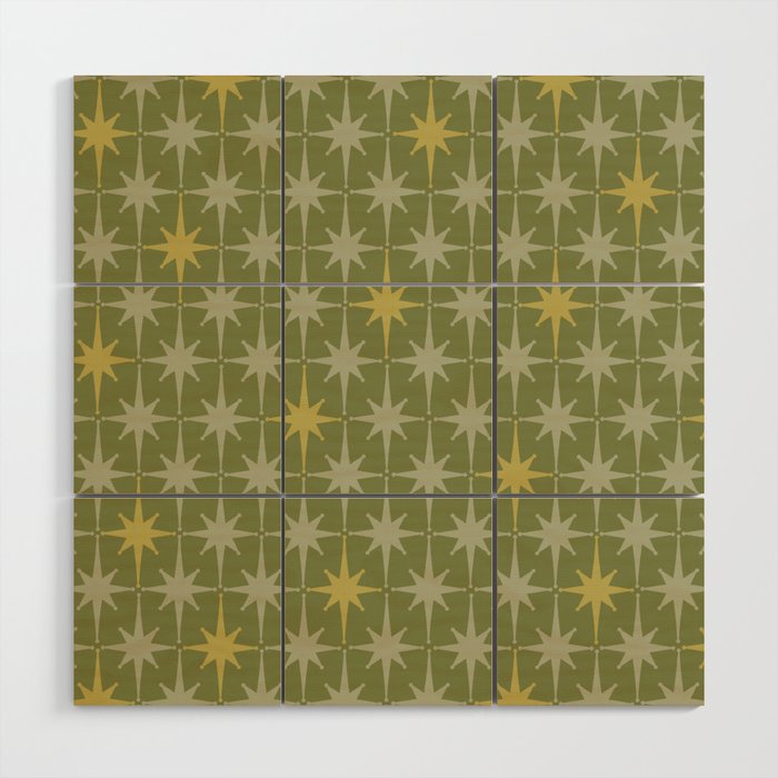 Midcentury Modern Atomic Starburst Pattern in Retro Vintage Olive Green and Celadon Wood Wall Art Gallery Image 1