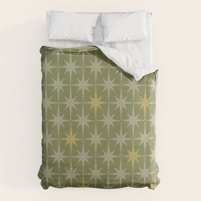 Midcentury Modern Atomic Starburst Pattern in Retro Vintage Olive Green and Celadon Duvet Cover Gallery Image 6