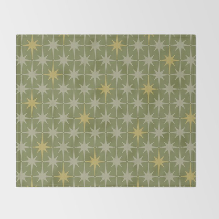 Midcentury Modern Atomic Starburst Pattern in Retro Vintage Olive Green and Celadon Throw Blanket Gallery Image 2