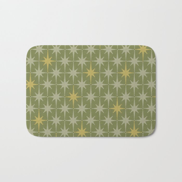 Midcentury Modern Atomic Starburst Pattern in Retro Vintage Olive Green and Celadon Bath Mat Gallery Image 1