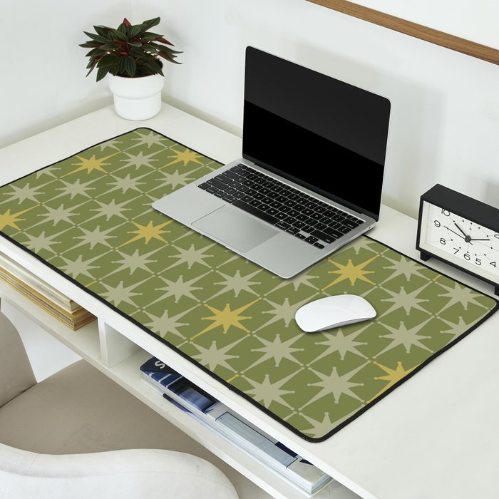 Midcentury Modern Atomic Starburst Pattern in Retro Vintage Olive Green and Celadon Desk Mat Gallery Image 2