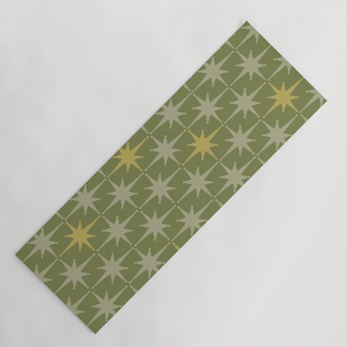 Midcentury Modern Atomic Starburst Pattern in Retro Vintage Olive Green and Celadon Yoga Mat Gallery Image 1