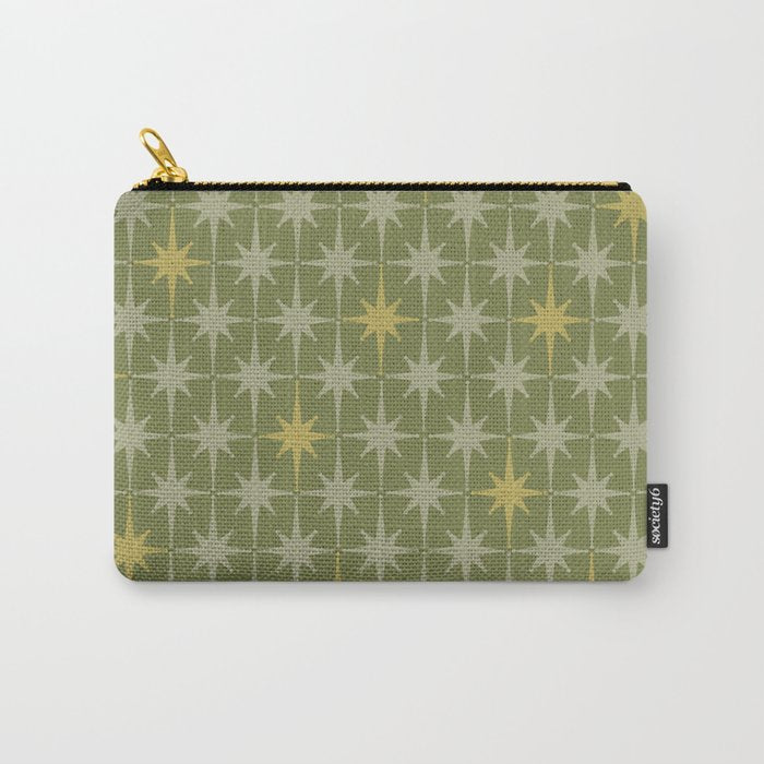 Midcentury Modern Atomic Starburst Pattern in Retro Vintage Olive Green and Celadon Carry All Pouch Gallery Image 1