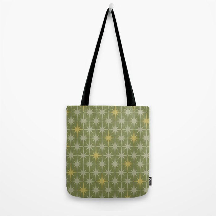 Midcentury Modern Atomic Starburst Pattern in Retro Vintage Olive Green and Celadon Tote Bag Gallery Image 2