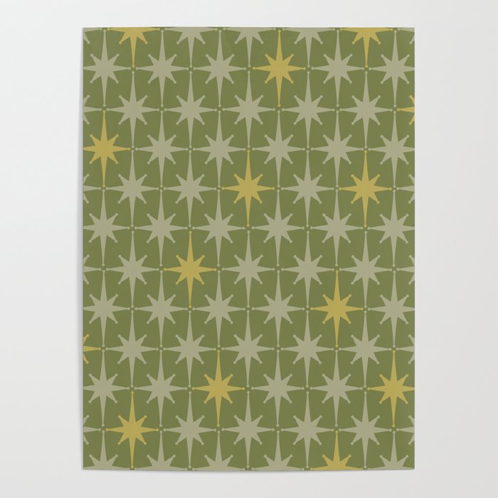 Midcentury Modern Atomic Starburst Pattern in Retro Vintage Olive Green and Celadon Poster Gallery Image 1