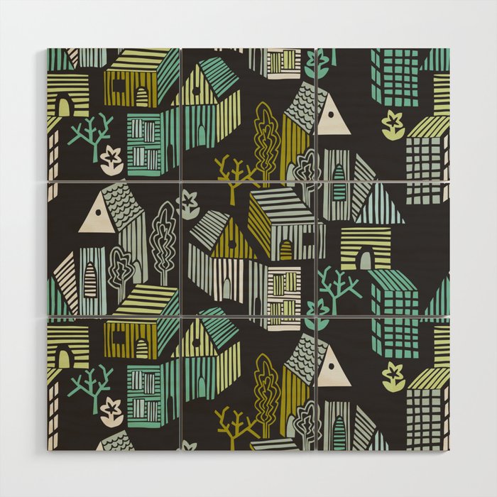 City life neighborhood moonless night Wood Wall Art Gallery Image 1