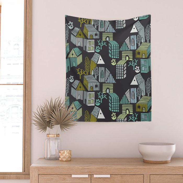 City life neighborhood moonless night Wall Tapestry Gallery Image 2