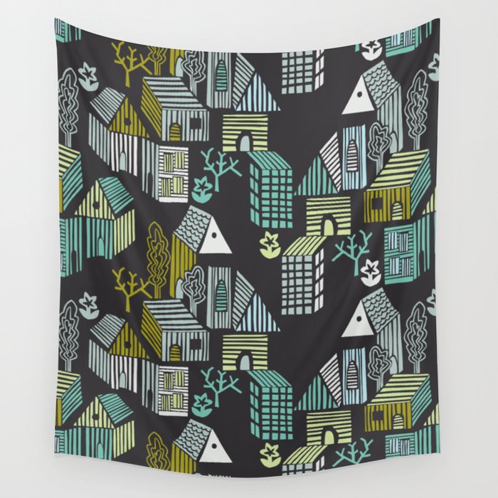 City life neighborhood moonless night Wall Tapestry Gallery Image 1
