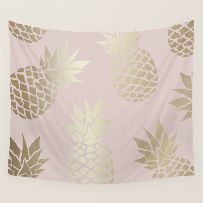 Glam, Pineapple Art, Pink Aesthetic with Gold Wall Tapestry Gallery Image 4