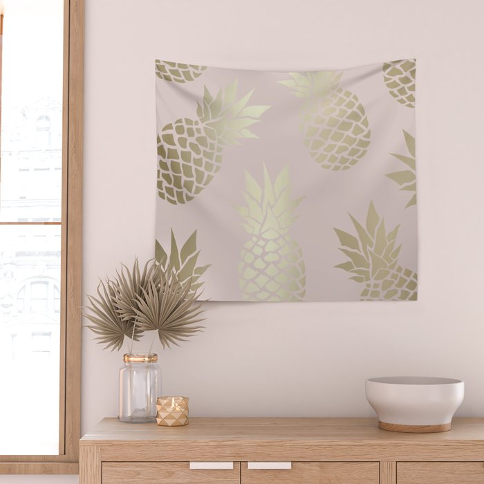 Glam, Pineapple Art, Pink Aesthetic with Gold Wall Tapestry Gallery Image 2