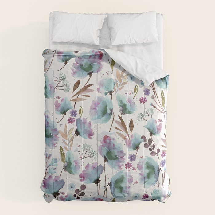 Poppies Loose Floral Watercolor - Meadow Wildflowers - Aqua Plum  Comforter Gallery Image 6
