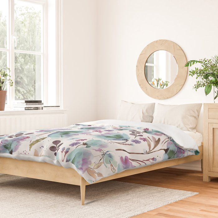 Poppies Loose Floral Watercolor - Meadow Wildflowers - Aqua Plum  Duvet Cover Gallery Image 2