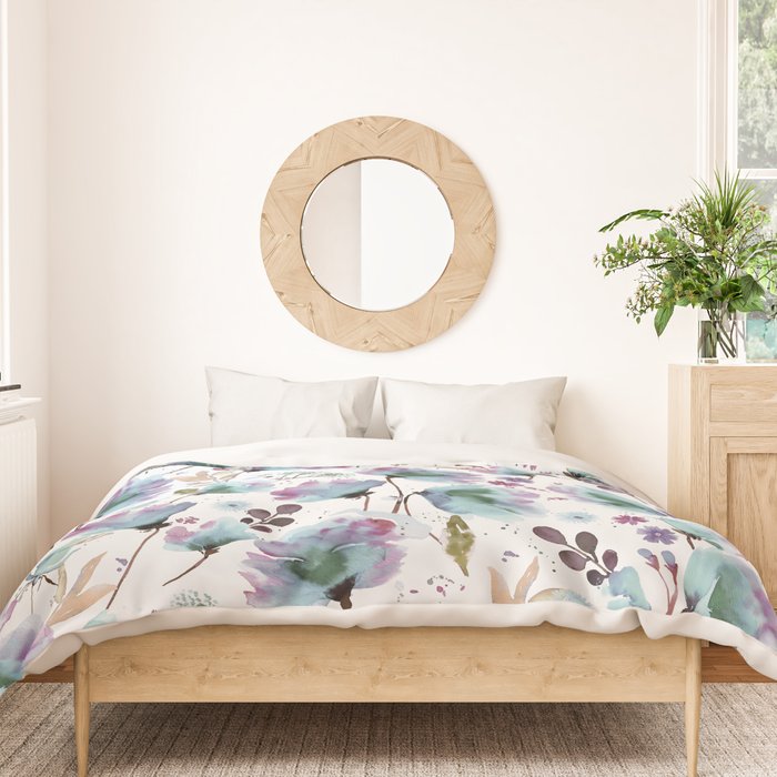 Poppies Loose Floral Watercolor - Meadow Wildflowers - Aqua Plum  Duvet Cover Gallery Image 3