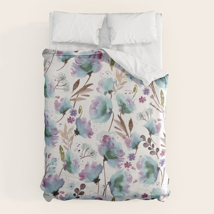 Poppies Loose Floral Watercolor - Meadow Wildflowers - Aqua Plum  Duvet Cover Gallery Image 6