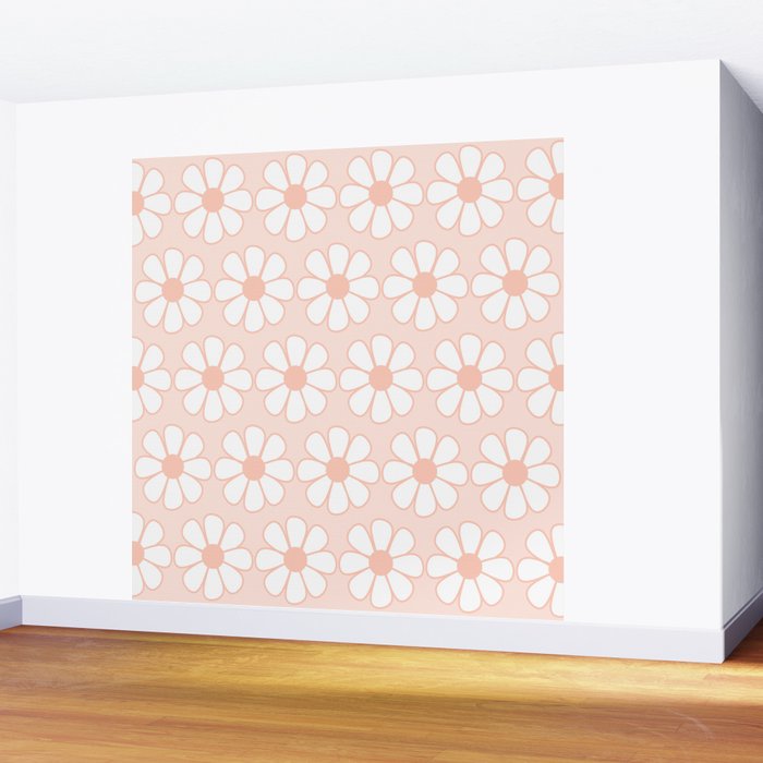 Cheerful Retro Daisy Floral Pattern in Pale Pastel Blush Pink Wall Mural Gallery Image 2
