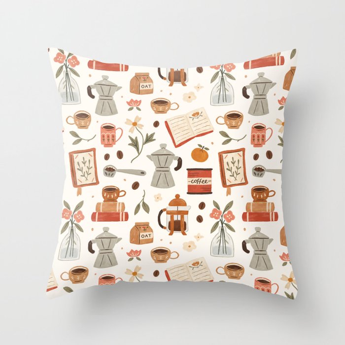 Gouache Books and Coffee Throw Pillow Gallery Image 1