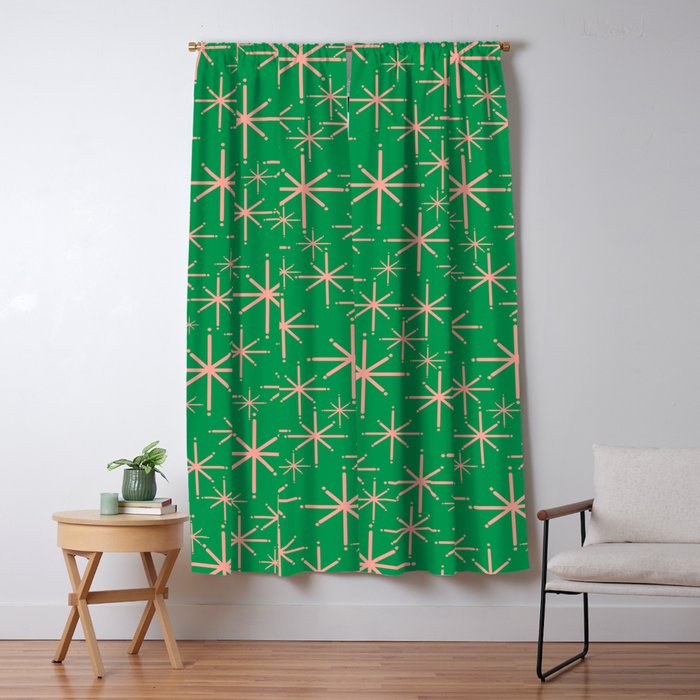 Mid Century Modern Twinkling Stars Retro Atomic Pattern Pink and Green Window Curtain Gallery Image 5