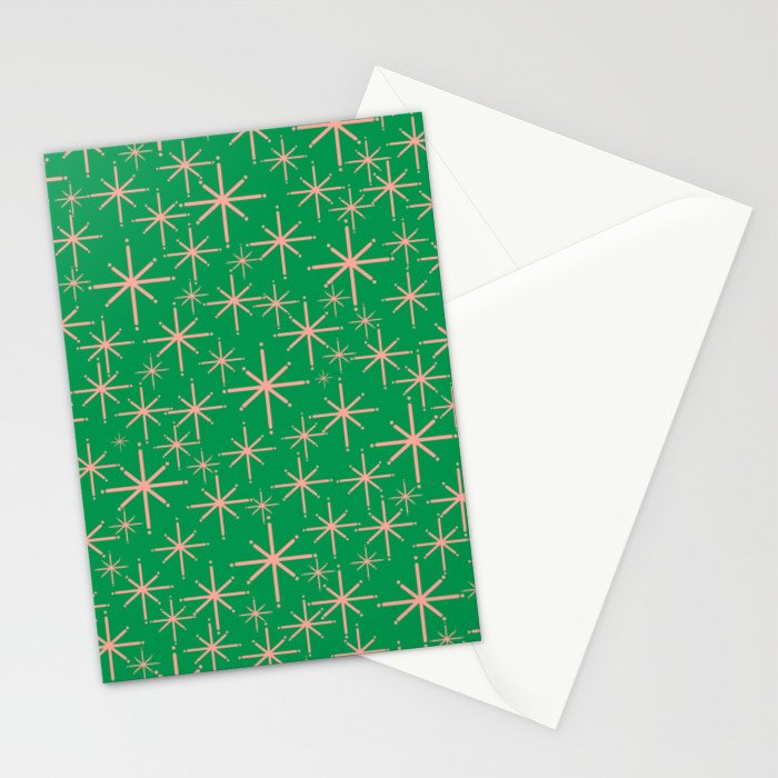 Mid Century Modern Twinkling Stars Retro Atomic Pattern Pink and Green Stationery Card Gallery Image 2